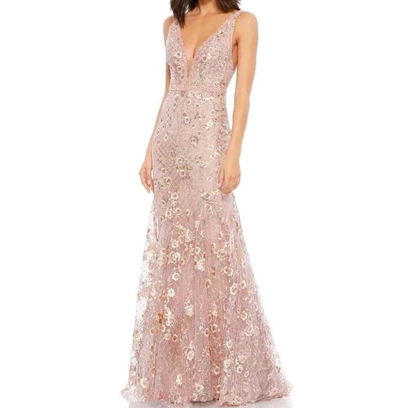 NWT Mac Duggal Floral Lace Embellished Rose Pink Gown 67481 ($698)